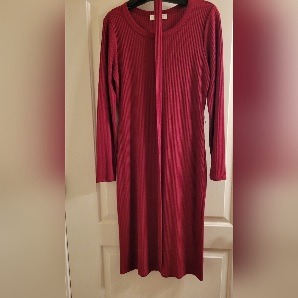Michael Kors Crew Neck Midi Merlot Burgundy Sweater Dress 3/4 Quarter Sleeve